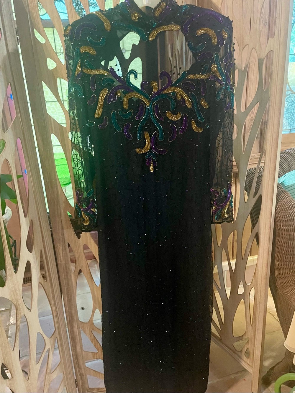 Black Long-Sleeve Beaded Evening Dress with Multicolor Embroidery